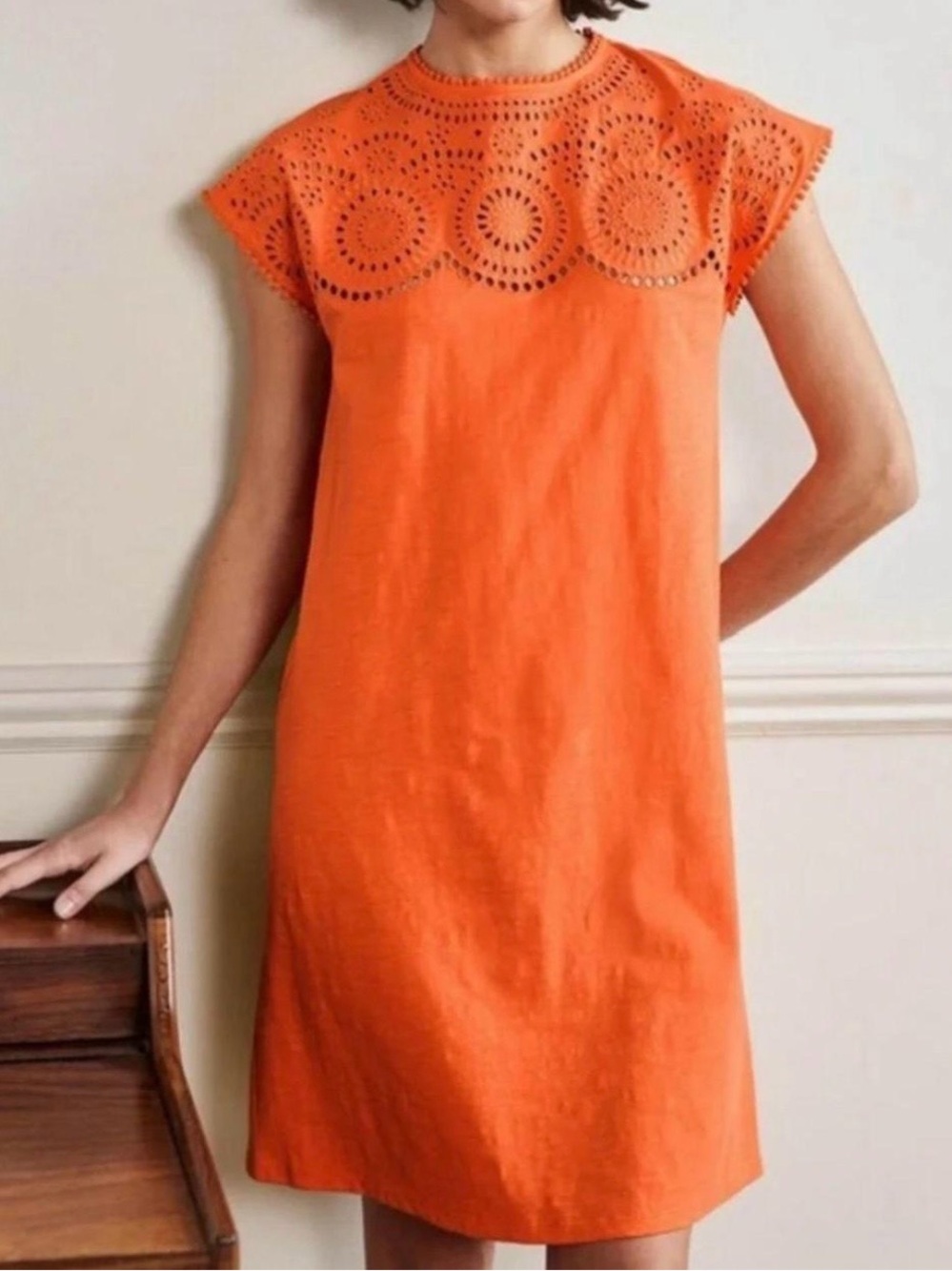 Boden Clementine Cutwork Cap Sleeve Jersey Dress Orange Cotton Size 6 Summer